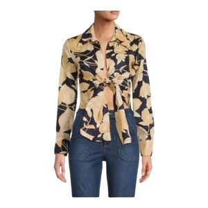 Reiss Yellow Corinne Print Linen Printed Tie Waist Shirt Blouse - Size 2